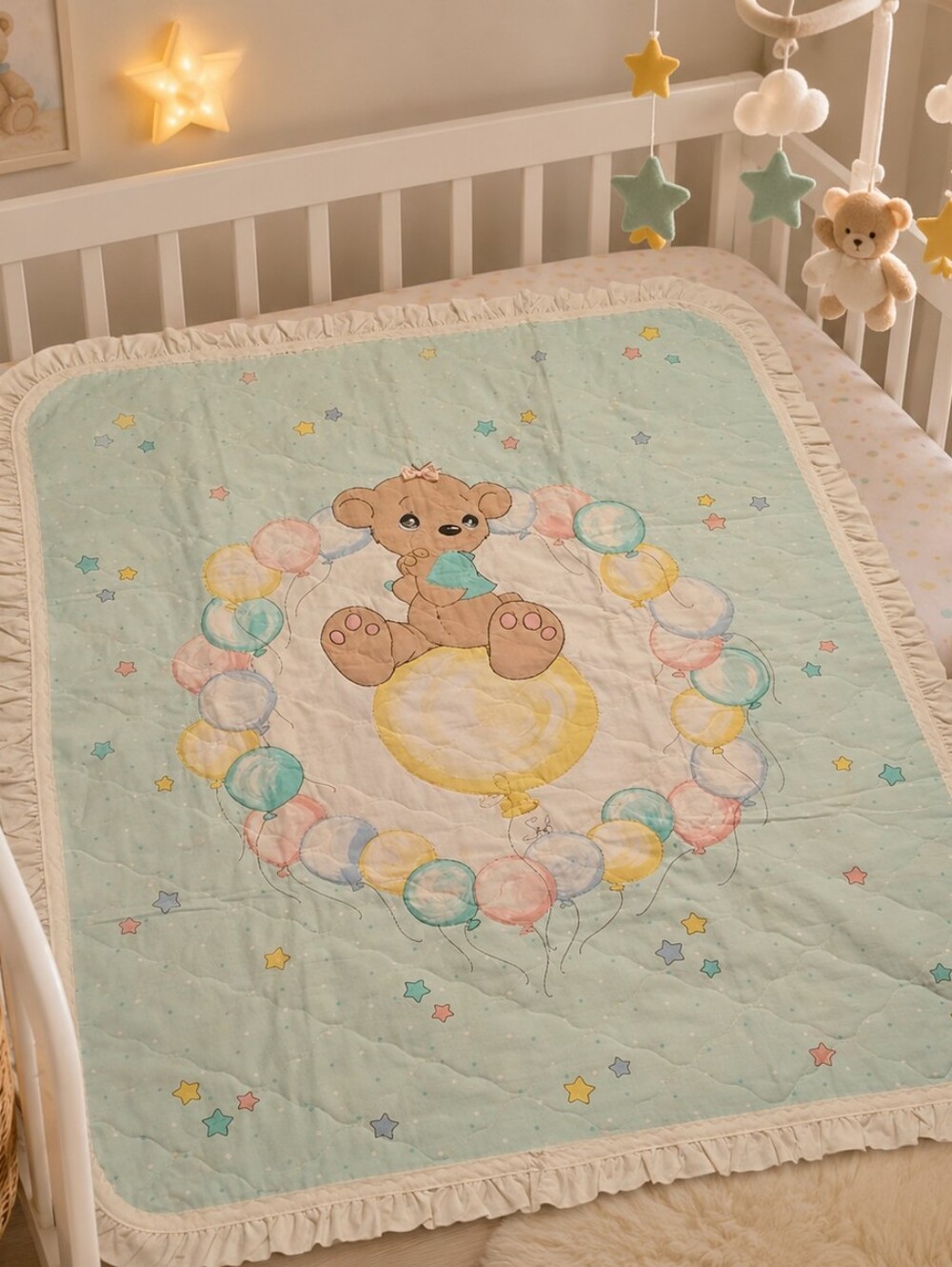 Vintage Precious Moments Blue & Yellow Baby Boy Ruffled Quilt Blanket Size 38x48